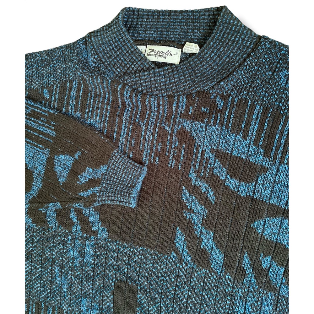Zeppelin Vintage Mens 5X Sweater Black Blue Abstract Knit Mock Neck B83070 Korea